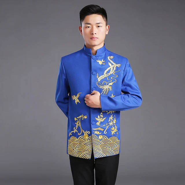 chinese traditional man blue tops bridegroom tangzhuang jacket
