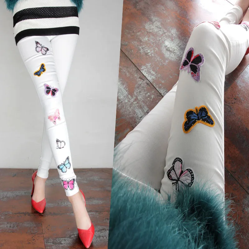 

2016 New Fashion Women Butterfly pattern Pencil Pants Casual Elastic Waist Skinny Trousers Plus Size Black White Stretch Pants
