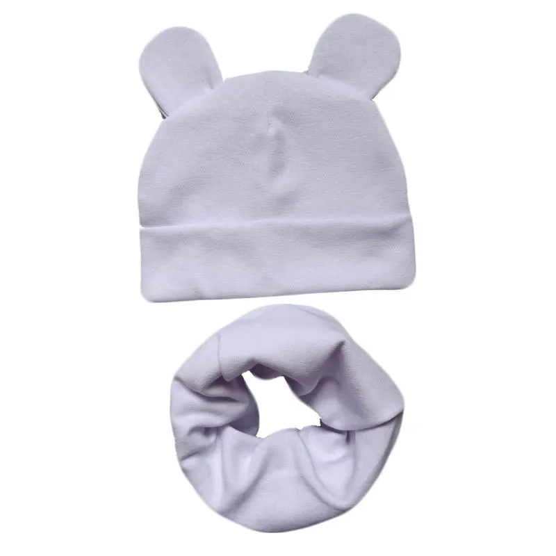 Новая детская шапка с милыми ушками, хлопковый комплект, шапка и шарф, детские шапки для девочек и мальчиков, детская шапка, шарф, воротники, осенне-зимняя детская теплая шапка - Цвет: white set