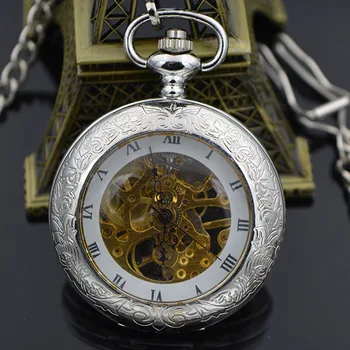 

Fashion Silver Mechanical Steampunk Skeleton Roman Half Hunter Hand-winding Pendant Pocket Watch Reloj De Bolsillo