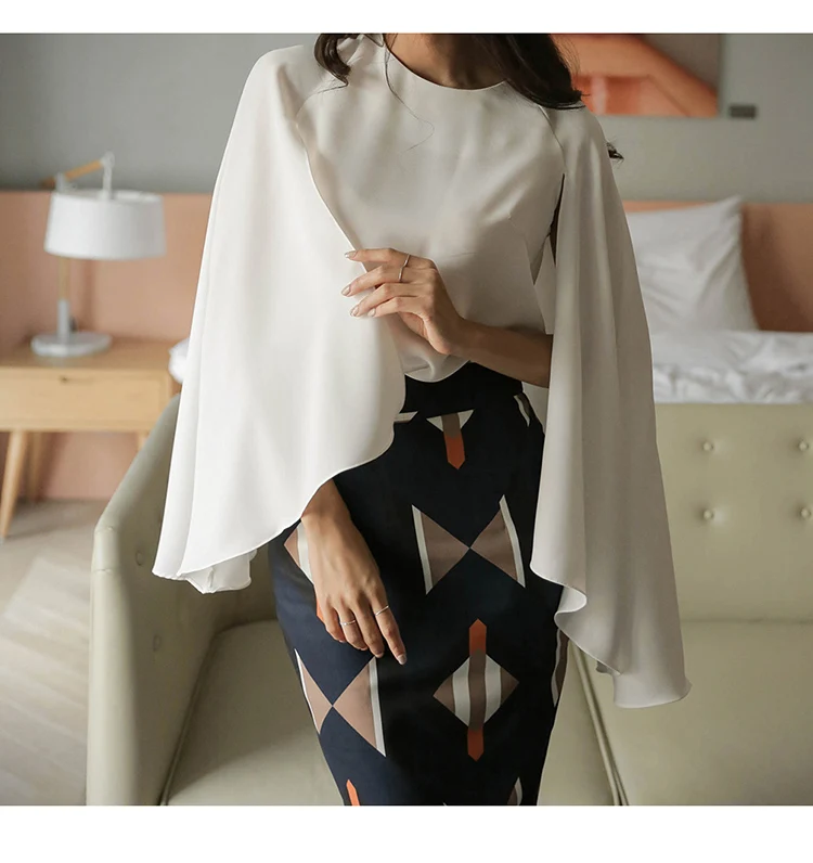 High Quality Spring Summer Two Piece Set Women Cloak Sleeve White Blouses Tops OL Printing Skirt Suits 2 Piece Set Women SL239