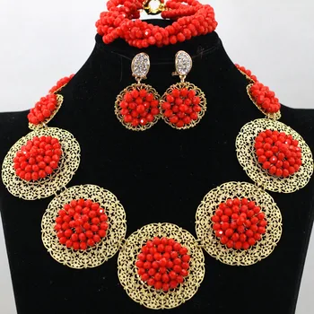 

Splendid Orange Red Crystal Statement Necklace Set Gold Champagne Plated Round Plates Wedding Birdal Costume Party Gifts QW210
