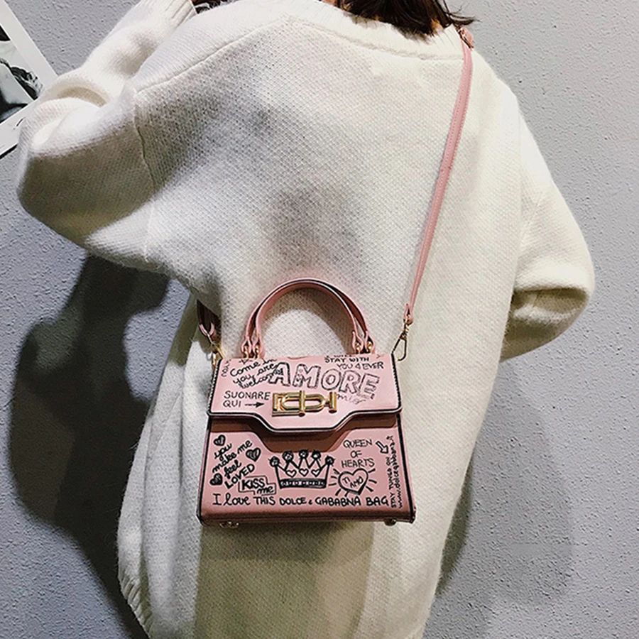 Designer Street Graffiti Handbag Women bag PU Leather Small Flap Bag Luxury Shoulder Crossbody Bag For Women Clutch Purse 2019