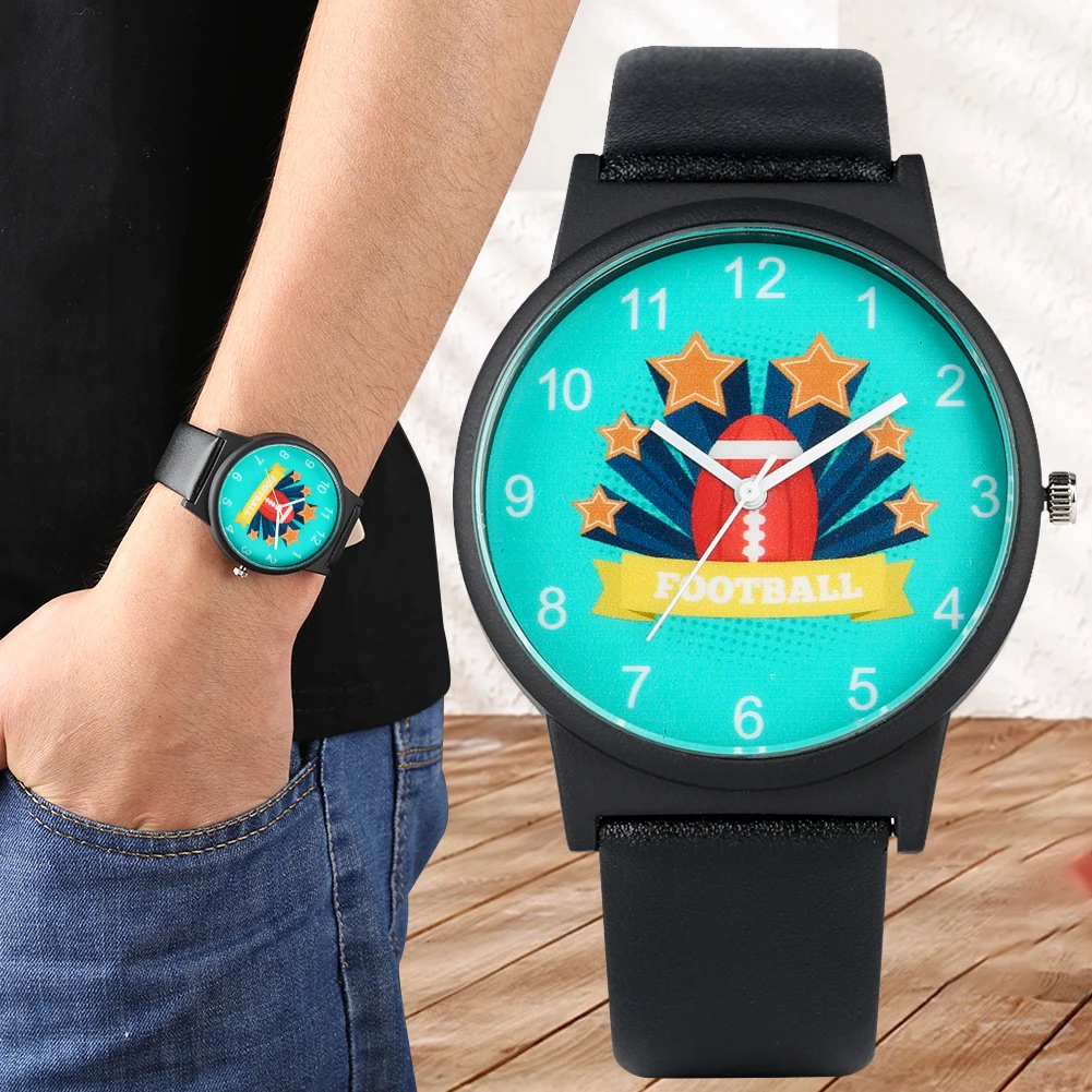 

Men's Rugby Pattern Quartz Analog Watch Elegant Green Dial with White Arabic Numerals Durable Leather Band Wristwatch Boys Watch