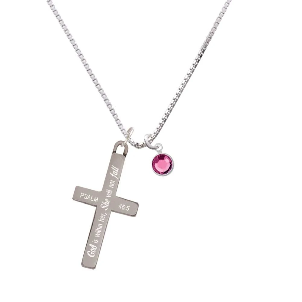 Crystal Hot Pink Channel Drop - She will not Fall - Cross Necklace