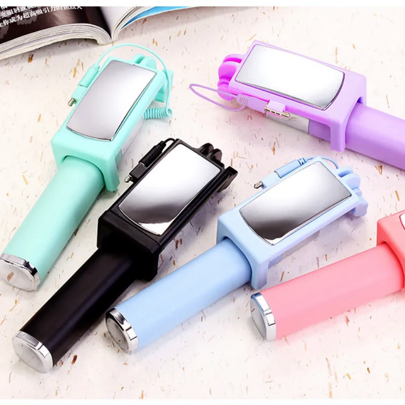Universal Mini Selfie Stick with Mirror 360 Rotatable Foldable Portable Extendable Wired Self Stick for Samsung Huawei Xiaomi