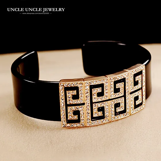 

Brand Design Rose Gold Color Retro Rome Design Austrian Rhinestone Square Acrylic Lady Bangle Bracelet Wholesale