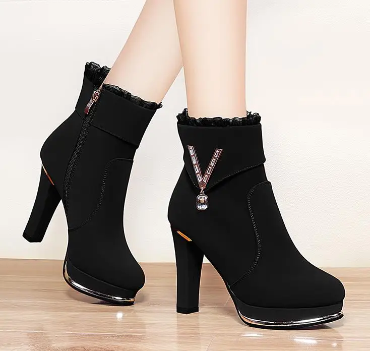 

Rhinestone platform high-heeled ankle boots thick with velvet women's boots British wind 2018 new winter boots