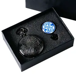 Черный Доктор Кто уникальный Стиль кварц карманные часы стимпанк колье цепь кулон Для мужчин Для женщин набор с подарочной коробке