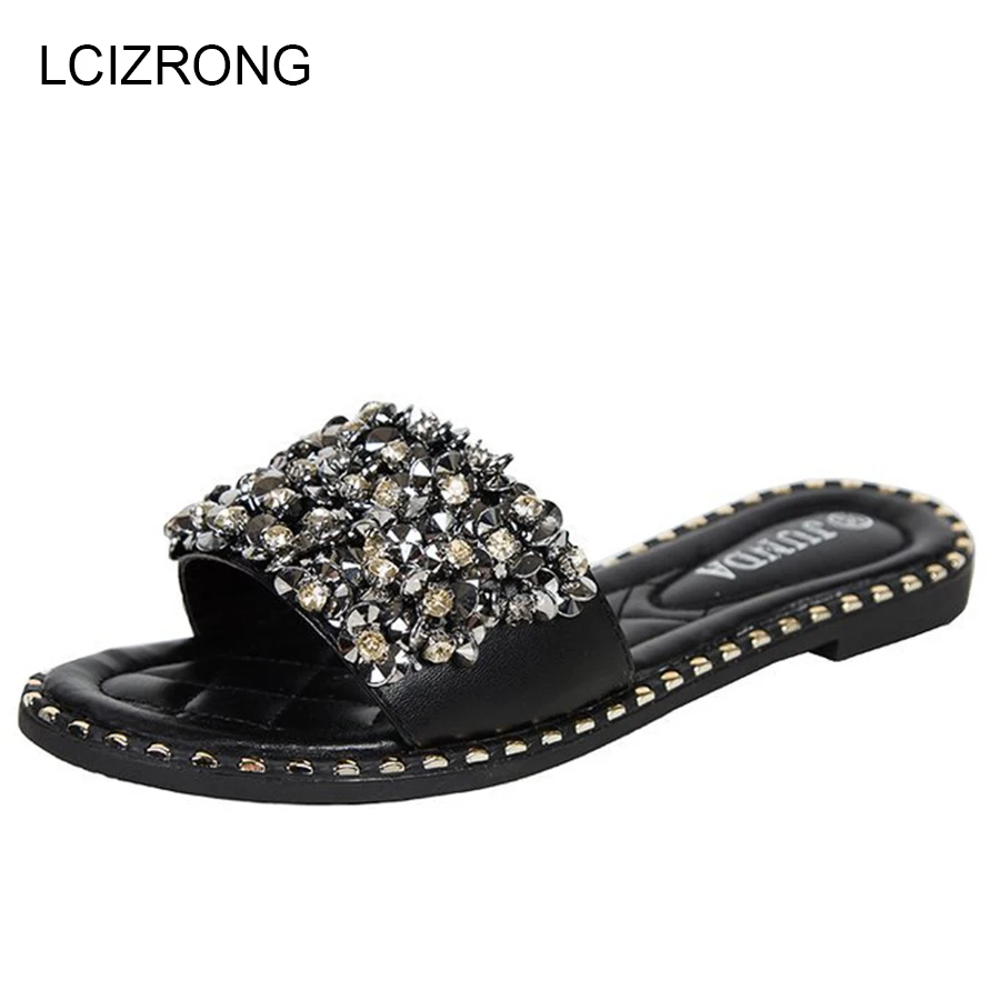 

LCIZRONG Summer Leather Crystal Flat Slides Women Fashion Rivet Black Outside Slippers Sexy Ladies Footwear Beach Slapping Shoes