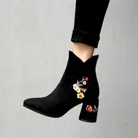 S.Romance Women Ankle Boots Woman Shoes Flower Embroider High Square Heel Zip Pointed Toe China Style 2018 New Fashion SB351