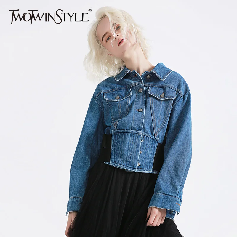 TWOTWINSTYLE осенняя джинсовая куртка для женщин с лацканами длинным рукавом