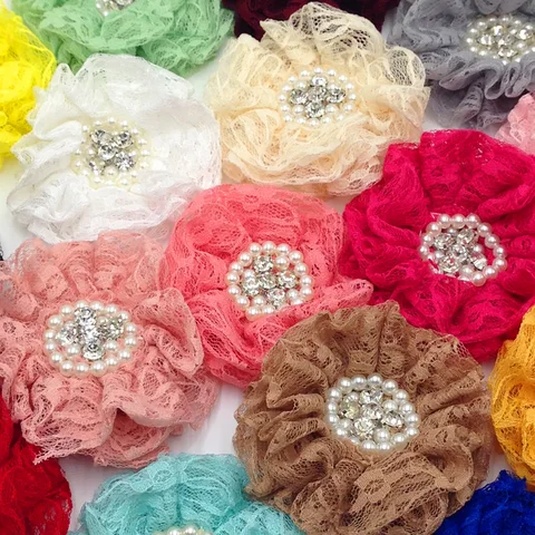 Chiffon com Crystal Guarnição para Headband do Cabelo Cores Handmade Escavado Flor Bead 10mm Decoração Floral Faça Você Mesmo Acessórios 16 Pcs