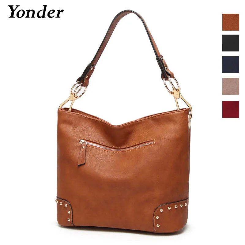 

Brown leather womens handbag ladies Top-handle high quality fashion shoulder bag purse for female rivet women's bag styles sac