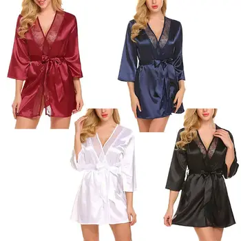 

Womens Plus Size Lingerie Bath Robe See Through Floral Patchwork Neckline Nightgown 3/4 Sleeves Solid Color Sleepwear With Belt