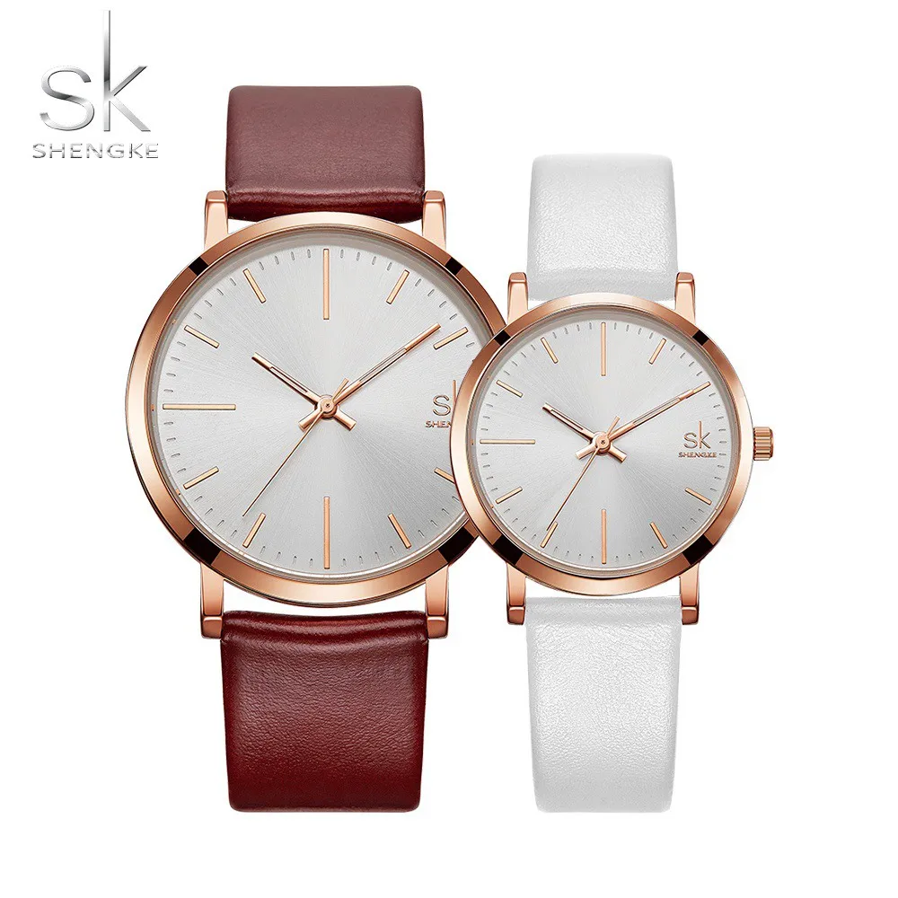 SHENGKE Couple Watches Brown White Leather Strap Quartz Clock Montre Homme Simple Design White Dial Relogio Masculino