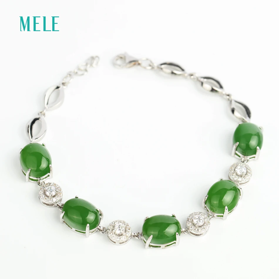 

Natural green jasper silver bracelets, 5 pieces of oval 8mm*10mm, 21.5 centimeters long, deep green color and fashion design