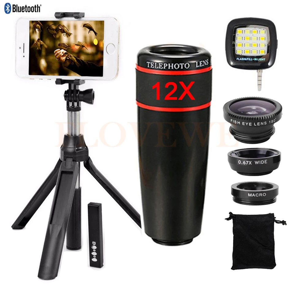 

12X Zoom Telephoto Lens Fisheye Wide Angle Macro Lentes Telescope Microscope Monopod Tripod Bluetooth Shutter With Flash Light