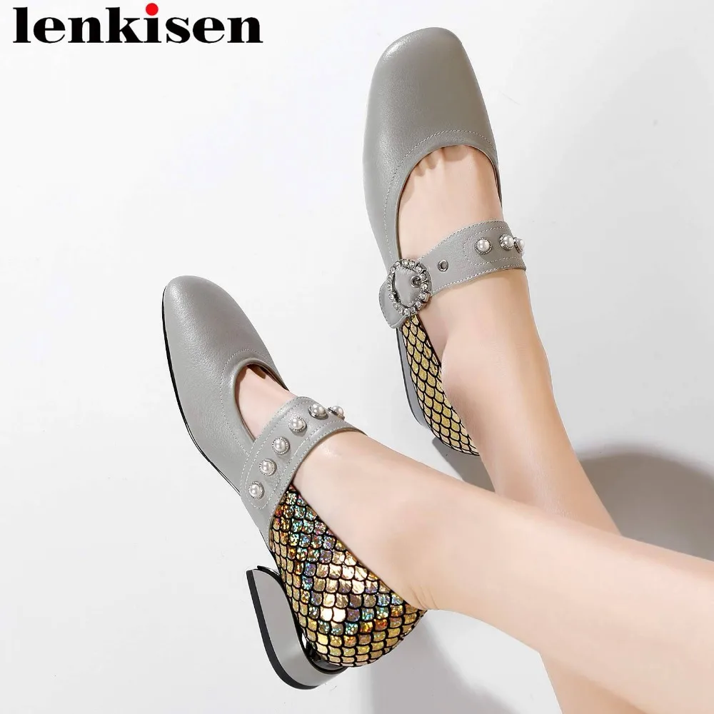 

Lenkisen genuine leather buckle strap mixed colors sneaksin pattern square toe low heels preppy style party Mary Janes shoes L03