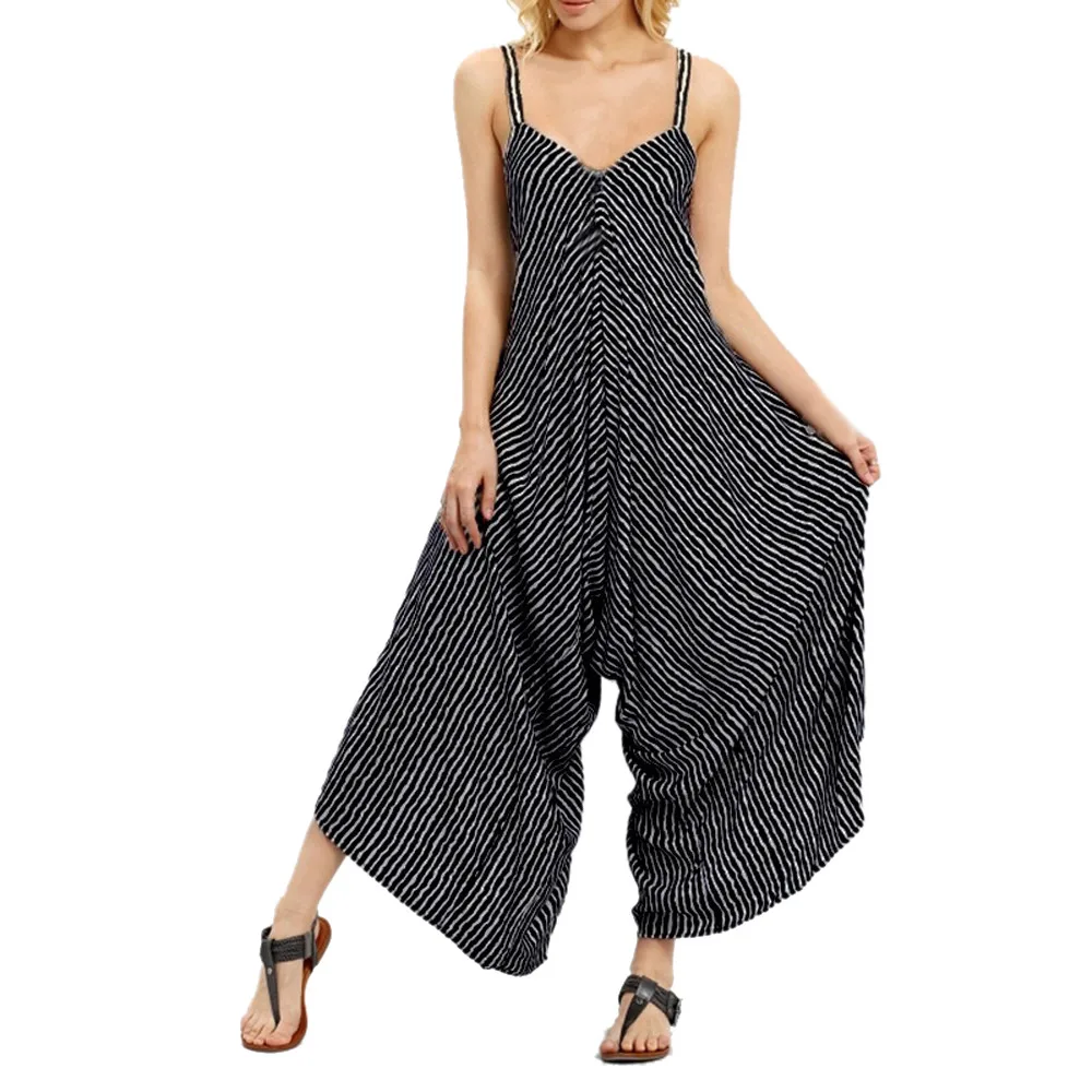 

Fashion Women Jumpsuit Strappy V Neck Stripe Bandage Straps Loose Wide Leg Playsuit Party Clubwear Jumpsuit Romper Women