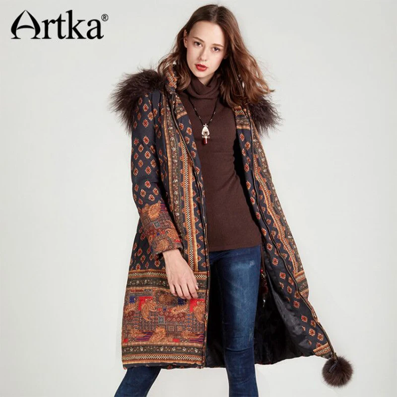 ARTKA 2018 зимнее женское Новое 90% белое пуховое пальто с капюшоном этническим