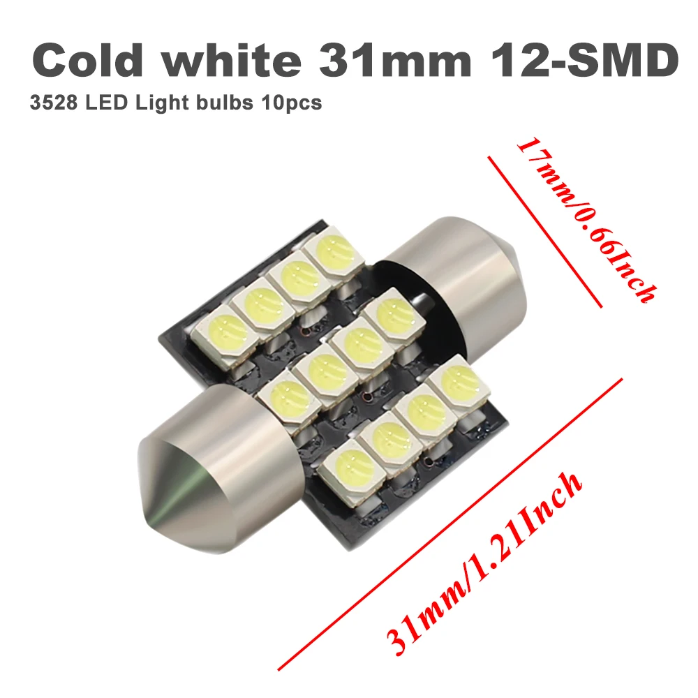 10 шт. гирлянда 31 мм светодиодный C5W C10W CANBUS 12 SMD 3528 Светодиодный лампы Белый красные, синие для авто Интерьер автомобильного салона ствол светильники 12V