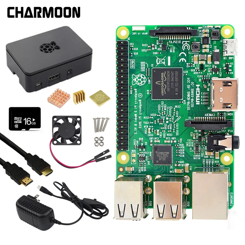 

Raspberry Pi 3 Model B kit 5V2.5A Power supply with Switch + 16G SD card +ABS Case+Cooling Fan+Heat Sink+HDMI Cable +5MP camera