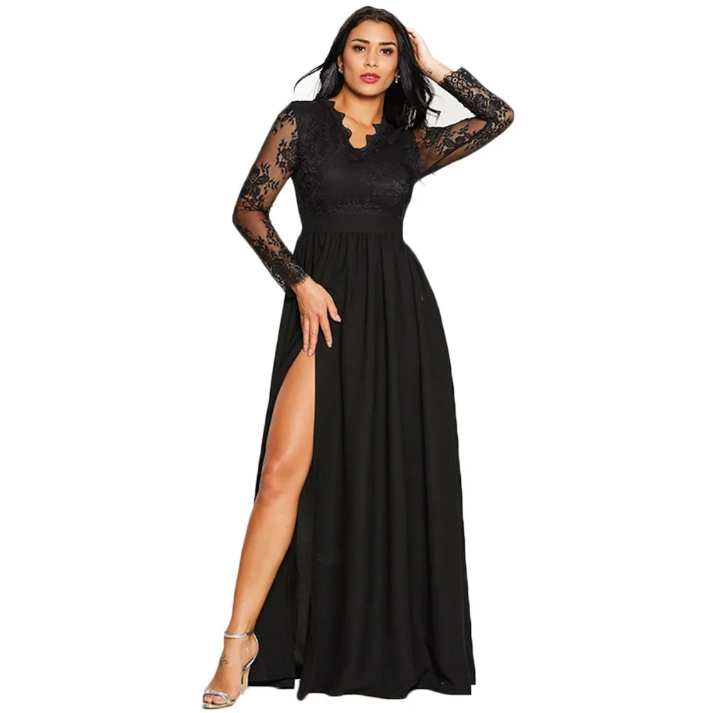 

YJSFG HOUSE 2018 Fashion Long Dress Women's Long Sleeve Lace Hollow Out Maxi Dress Black Formal Party Dresses Vestidos