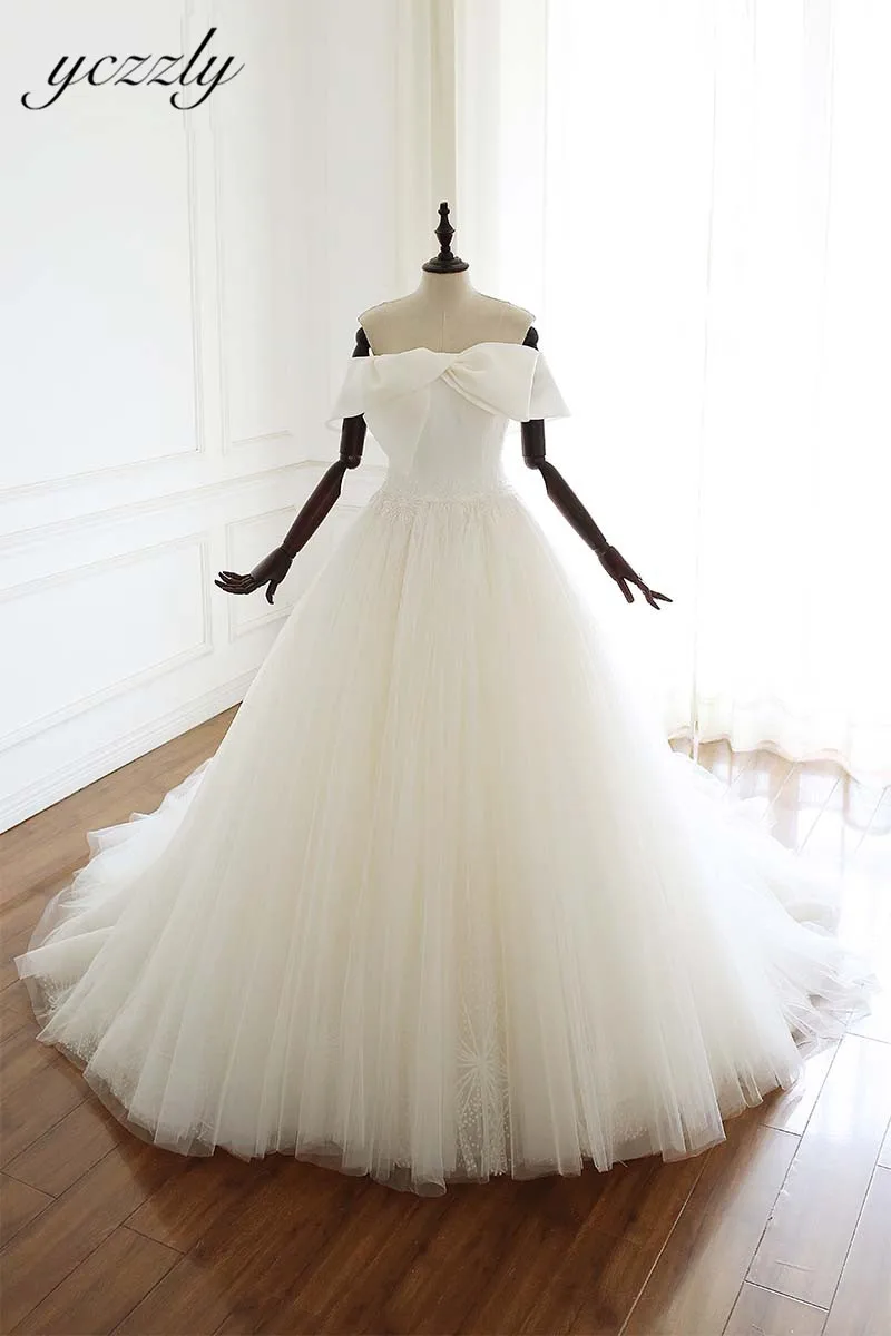 Abiti Da Sposa элегантное бальное платье с открытыми плечами кружевное свадебное платье с бантом Плюс размер платья невесты свадебное платье с кристаллами