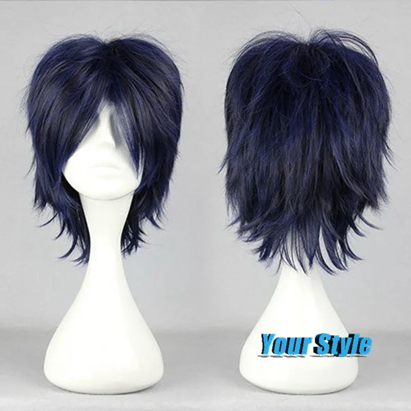 Top Quality Male 32cm Anime Men Short Layered Dark Blue Cosplay Wig Haircuts Hairstyles Peruca 