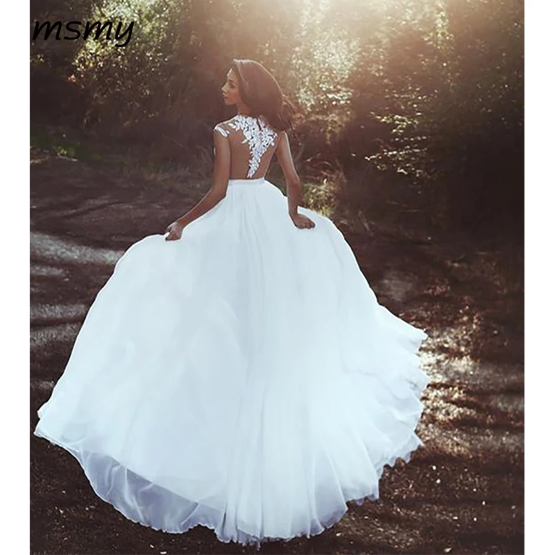 Elegant Lace Appliques Chiffon Long Split Wedding Dresses 2019