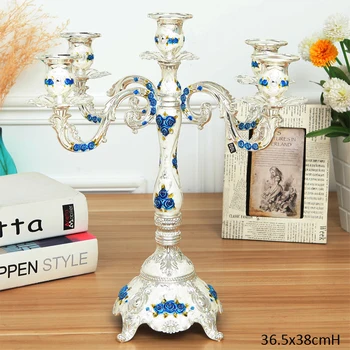

European Shiny Silver Plating White Enameled with Blue Rose Flower Decor Tabletop Metal Candle Holders for 5 Pieces Stick Candle