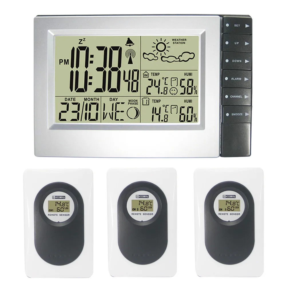 

RF Radio Controlled Large Digital Wireless Weather Station Weather Forecast Clock Indoor Outdoor Temperature Humidity 3 Sensors