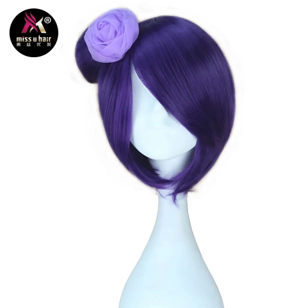 

Miss U Hair Synthtic Adult Child Short Straight Purple Hair Cosplay Party Halloween Wig with Bun and Flower