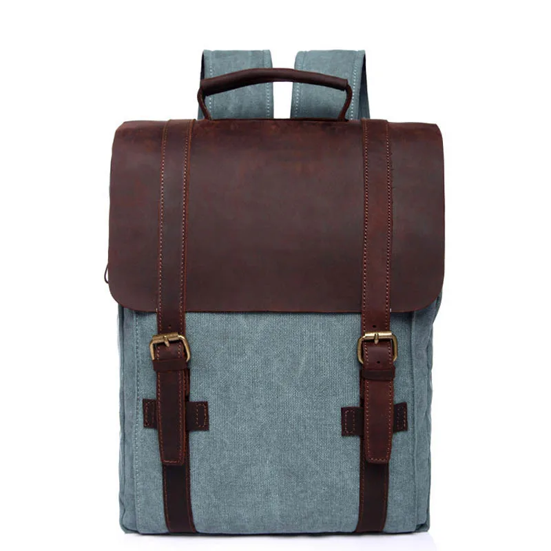 

Newest Stylish Korean Student Canvas Crazy Horse Leather Backpack Cover Rucksack Teenage Travel Shopping Schoolbag