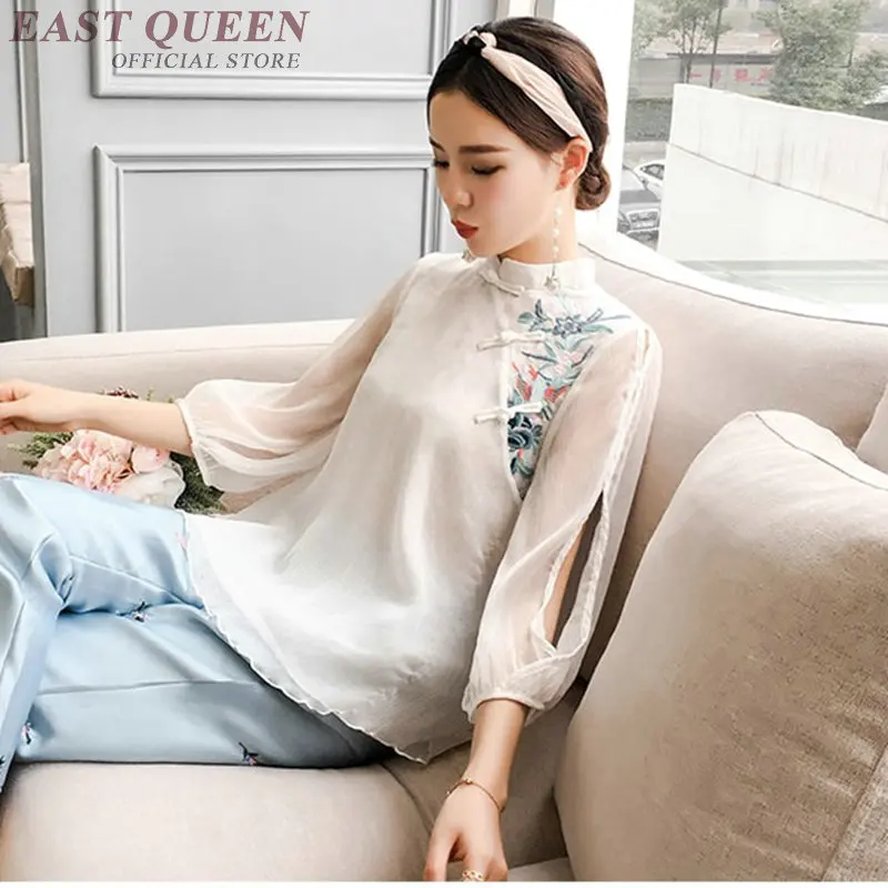 Traditional chinese blouse shirt tops for women mandarin collar oriental linen shirt blouse female elegant cheongsam top FF488