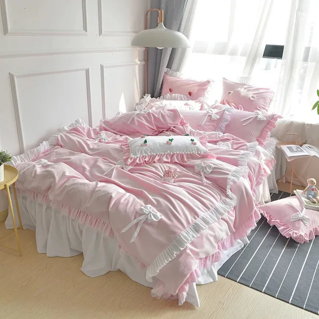 Coralfleece Pink Bows Flower Korean Sweet Bedding 4pcs Set King Queen Size Redcherry Duvetcover Bedskirt Pillowcase Freeshipping In Bedding Sets From