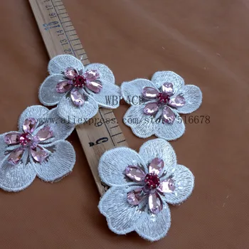 

10pieces/lot high-grade pink rhinestone 3D embroidery flowers for Clothing Sewing on Beading Applique Clothes skirt Decoration
