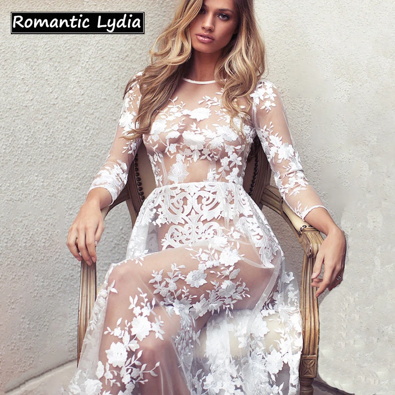 Для женщин роскошный цветочный пол Длина белое кружевное платье, с сексуальными прозрачными вставками, туфли с вышивкой Вечерние Платья-макси с длинным рукавом Vestidos