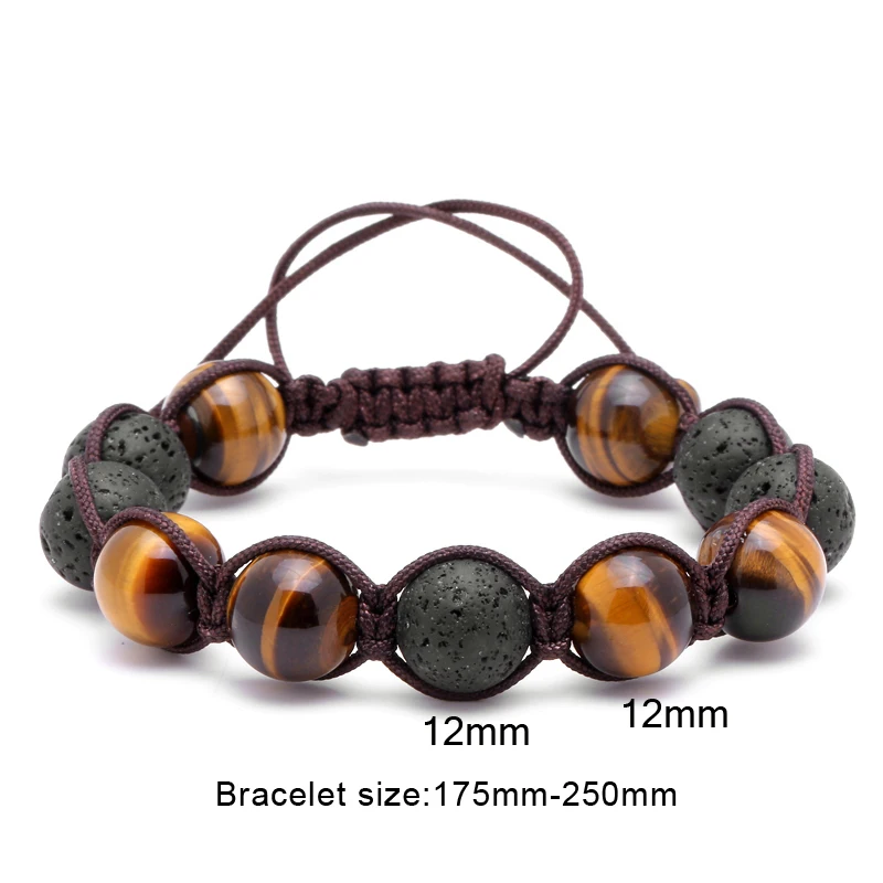 Mcllroy Brand Men Bracelets,12mm Lava Rock Stone Bead & Tiger Eye Stone Charms Braiding Weave Adjustable Bracelet For Women Men