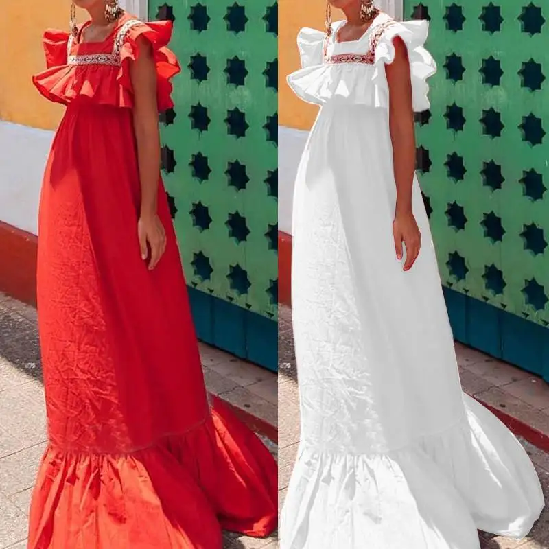 

Celmia Women Ruffles Maxi Long Dress 2019 Summer Robe Sundress Splicing Casual Loose Solid Formal Party Vestidos Femme Plus Size