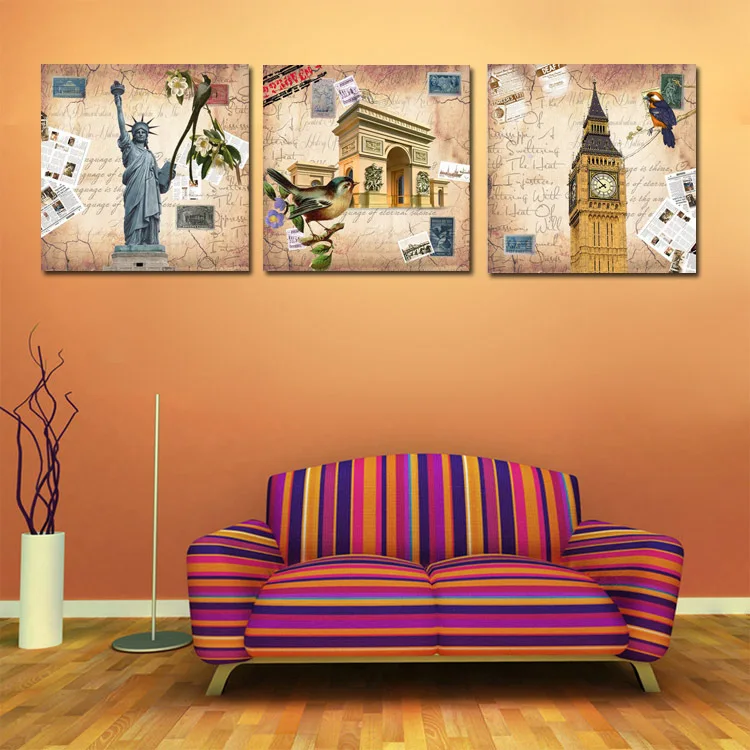 comprar Estilo europeu Retro Mundo Nova Iorque Londres Paris Óleo Da Lona pintura by numbers wall art imagem home decor 3 peças pinturas