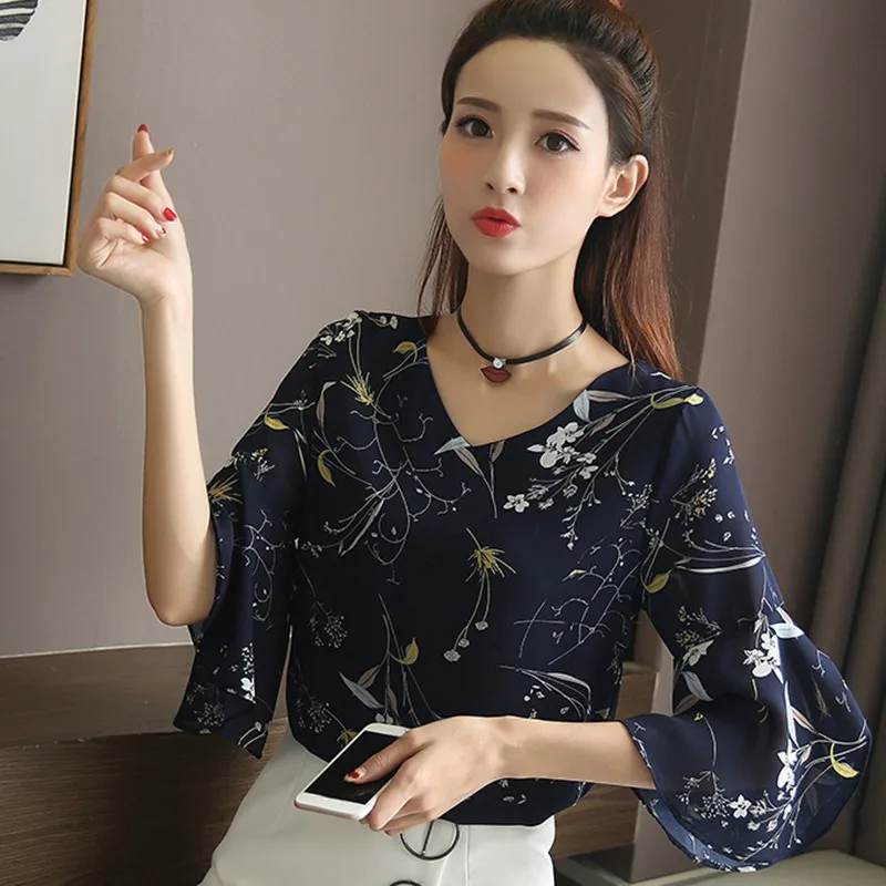 Корейский стиль, блузка с цветочным принтом, Милые шифоновые рубашки, женская блузка с v-образным вырезом и расклешенными рукавами, Новое поступление размера плюс 3xl