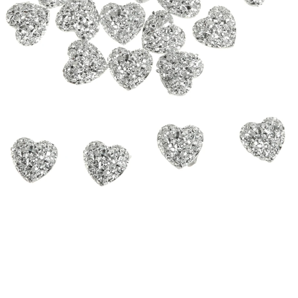 50pcs Silver Resin Rhinestone Heart Flatback Embellishments for Scrapbooking DIY Crafts Accessories 