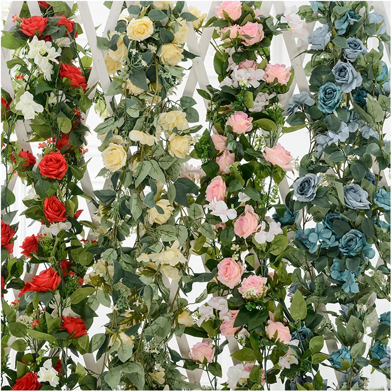 Simulation rose fake flower with green leaves vine rattan wall heating pipe indoor living room