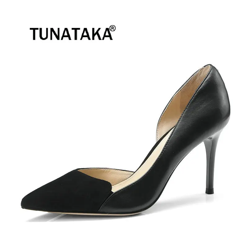 

Women Genuine Leather Shallow Two Piece Pumps Fashion Pointed Thin High Heel Dress Party Shoes Black Pink