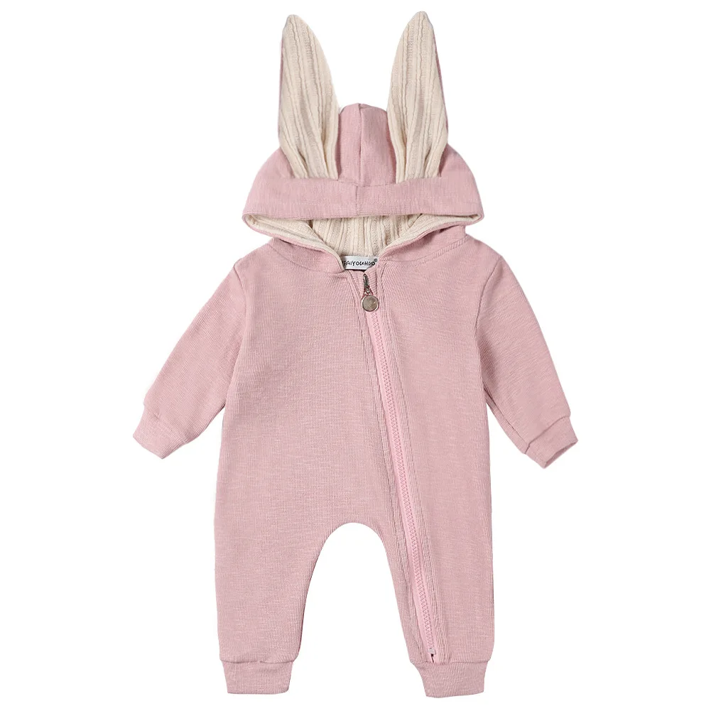 Одежда унисекс для малышей; комбинезон для маленьких девочек и мальчиков; комбинезон с длинными рукавами и капюшоном в виде кролика; Детский комбинезон в виде кролика; хлопковый комбинезон; осенняя одежда для малышей - Цвет: Розовый
