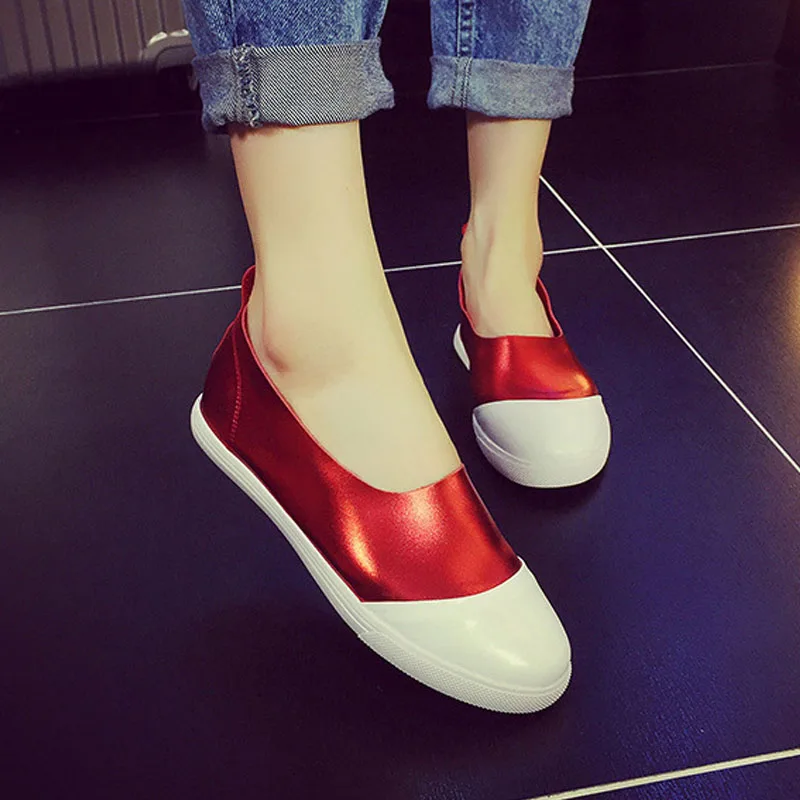2016 Spring Summer font b Women b font Shoes Flat Shoes Genuine Leather Red Gray Loafers