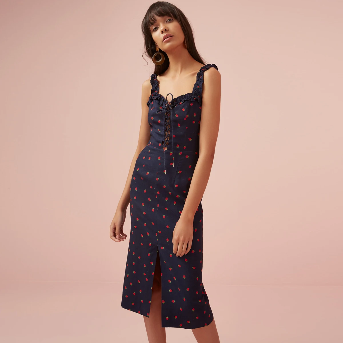 

Jastie Ruffle Neck Strap Dress Strawberry Print Midi Dresses Lace up Front Boho Chic Women Dress Sleeveless Slim Party Dresses