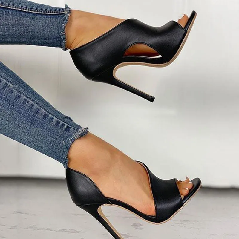 Sexy Women Irregular Pumps High Stiletto Heels Leather Black Open Toe Ladies Sandals Party Wedding Shoes Chaussures Femme X003W